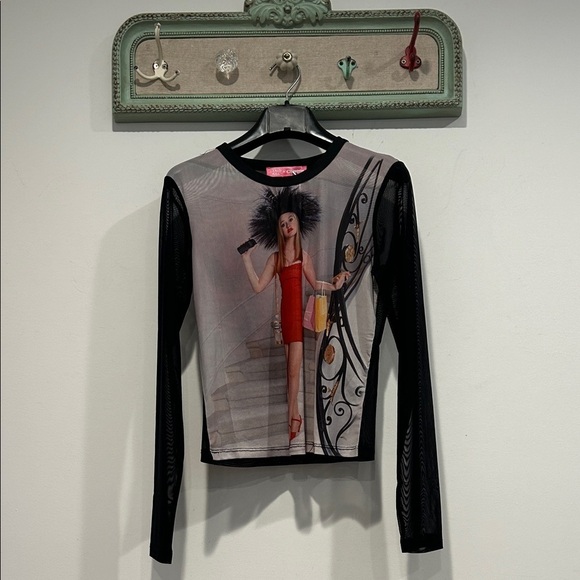 Dolls Kill Tops - Dolls Kill clueless Cher Black and Red Graphic Long Sleeve mesh Y2K Top medium